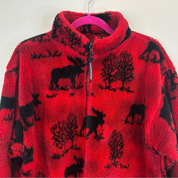 Black Mountain Outdoor Red Black Fleece Jacket Moose Size M Full Zip Camp Cabin - Picture 7 of 12